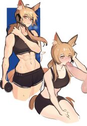 Rule 34 | 1girl, abs, absurdres, alternate costume, animal ear fluff, animal ears, arknights, black sports bra, blonde hair, blush, breasts, brushing hair, brushing own hair, cowboy shot, distr, dumbbell, fellatio, hair between eyes, hand in own hair, hand on lap, hand on own head, hand on own leg, hand on own neck, headset, hetero, highres, horse ears, horse girl, horse tail, implied extra ears, large penis, looking at viewer, low ponytail, multiple views, navel, nearl (arknights), non-web source, oral, orange eyes, penis, ponytail, shorts, simple background, sitting, sketch, small breasts, solo focus, sports bra, sportswear, sweat, tail, testicles, toned, uncensored, white background