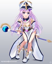 Rule 34 | 1girl, artist name, belt, blush, breasts, commentary request, cross, dress, gradient background, grey background, hair between eyes, hair ornament, helvetica std, highres, holding, holding staff, long hair, looking at viewer, medium breasts, nepgear, neptune (series), open mouth, patreon username, purple eyes, purple hair, simple background, solo, staff, white background, white dress, white footwear, white headwear