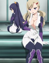 Rule 34 | 2girls, absurdres, anime screenshot, artist request, black hair, blonde hair, blush, bow, breasts, cleavage, eden&#039;s zero, hair bow, hair ornament, hairclip, highres, homura kogetsu, hot, large breasts, long hair, looking down, multiple girls, nervous sweating, open mouth, ponytail, purple eyes, rebecca bluegarden, red eyes, screencap, sitting, skin tight, sweat, undressing, uniform, unzipping, very sweaty, wide hips