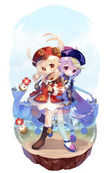 Rule 34 | 2girls, abondz, absurdres, backpack, bag, bead necklace, beads, blonde hair, braid, braided ponytail, brown gloves, cabbie hat, dress, facing viewer, feathers, genshin impact, gloves, hat, hat feather, highres, jacket, jewelry, klee (genshin impact), long hair, low twintails, mandarin collar, multiple girls, necklace, ofuda, pointy ears, purple eyes, purple hair, purple jacket, qingdai guanmao, qiqi (genshin impact), red dress, red eyes, red headwear, twintails, white feathers