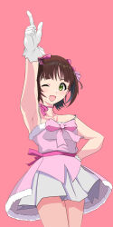 1girl amami_haruka arm_up armpits bare_shoulders blush bow brown_hair collarbone commentary_request cute_&amp;_girly_(idolmaster) dress fur-trimmed_dress fur_trim gloves green_eyes hair_ribbon hand_on_own_hip highres idolmaster idolmaster_(classic) idolmaster_1 index_finger_raised looking_at_viewer minami_no_uo-za neck_ribbon one_eye_closed open_mouth pink_background pink_bow pink_dress pink_ribbon ribbon short_hair simple_background snow_strawberry_(idolmaster) solo spaghetti_strap white_gloves