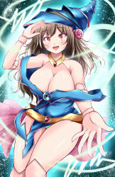 Rule 34 | 1girl, :d, andrew (duel angel), android, breasts, brown hair, cleavage, cosplay, dark magician girl, dark magician girl (cosplay), doll joints, highres, joints, large breasts, long hair, looking at viewer, open mouth, original, platina siblings, smile, solo, ulloa, yu-gi-oh!