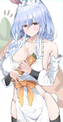 Rule 34 | 1girl, absurdres, animal ear fluff, animal ears, black thighhighs, blue hair, blush, braid, braided ponytail, breasts, carrot, cleavage, dress, food, highres, holding, holding carrot, holding food, holding vegetable, hololive, large breasts, long hair, looking at viewer, mature female, multicolored hair, pekomama, rabbit ears, rabbit girl, rabbit tail, red eyes, short eyebrows, smile, solo, streaked hair, tail, thighhighs, vegetable, virtual youtuber, white dress, white hair, yuki daruma404