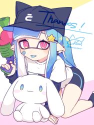 Rule 34 | 1girl, :3, bandaid, bandaid on face, black hat, black shorts, blue hair, cinnamoroll, commentary request, gun, hat, holding, holding gun, holding weapon, inkling, inkling girl, inkling player character, inuowour, long hair, multicolored background, nintendo, pink eyes, sanrio, shirt, shorts, signature, solid oval eyes, solo, splatoon (series), splatoon 1, splattershot (splatoon), stuffed animal, stuffed dog, stuffed toy, thank you, tongue, tongue out, weapon, white shirt