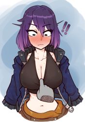 Rule 34 | !, !!, 1girl, @ @, black eyes, blush, breasts, cleavage, closed mouth, clothes pull, collarbone, embarrassed, half-closed eyes, jacket, large breasts, long sleeves, looking at viewer, midriff, navel, original, purple hair, shirt pull, short hair, solo, surprised, sweat, tank top, tenk, upper body, wide-eyed
