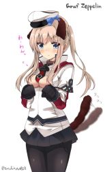 Rule 34 | 10s, 1girl, afterimage, anchor, animal ears, black gloves, black skirt, blonde hair, blue bow, blue eyes, blush, bow, breasts, capelet, character name, cleavage, clenched hands, closed mouth, collar, cowboy shot, dog ears, dog tail, eyebrows, flying sweatdrops, gloves, graf zeppelin (kancolle), hat, highres, kantai collection, kemonomimi mode, long hair, long sleeves, looking at viewer, medium breasts, motion lines, necktie, pantyhose, peaked cap, pleated skirt, sidelocks, simple background, skirt, solo, standing, suzuki toto, tail, tail wagging, torn clothes, translation request, twintails, twitter username, white background