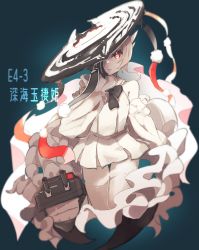 Rule 34 | 1girl, absurdres, abyssal jade princess, abyssal ship, black bow, black bowtie, black hat, blue background, bow, bowtie, character name, colored skin, cropped legs, detached sleeves, dress, frills, hat, highres, horns, kantai collection, ma rukan, pale skin, parted lips, pom pom (clothes), red eyes, short hair, simple background, solo, thighhighs, tilted headwear, turret, white dress, white hair, white skin, white thighhighs