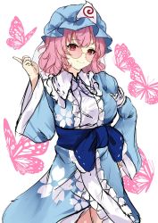 Rule 34 | 1girl, blue hat, blue kimono, bug, butterfly, closed mouth, floral print, hat, highres, insect, japanese clothes, kimono, long sleeves, looking at viewer, mob cap, orchid (orukido), pink-framed eyewear, pink eyes, pink hair, round eyewear, saigyouji yuyuko, sash, short hair, simple background, smile, solo, touhou, triangular headpiece, white background, wide sleeves