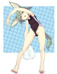 Rule 34 | 1girl, animal ears, armpits, barefoot, black one-piece swimsuit, exercising, feet, green hair, one-piece swimsuit, open mouth, original, plaid, plaid background, solo, subachi, swimsuit, tail, toes, towel