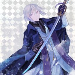 Rule 34 | 10s, 1boy, 2015, black gloves, black scarf, blue coat, character request, checkered background, coat, dutch angle, gakuran, glasses, gloves, highres, holding, holding weapon, katana, male focus, nisei (tanny), purple eyes, scarf, school uniform, solo, sword, touran-sai, weapon, white hair