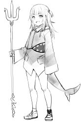 Rule 34 | 1girl, :d, bare legs, blunt bangs, female focus, fins, fish tail, full body, gawr gura, greyscale, h2o (ddks2923), hair ornament, highres, holding, holding polearm, holding weapon, hololive, hololive english, hood, hood down, hoodie, looking at viewer, monochrome, open mouth, polearm, shark girl, shark print, shark tail, sharp teeth, shoes, simple background, sleeves past wrists, smile, socks, solo, standing, tail, teeth, upper teeth only, virtual youtuber, weapon