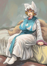 Rule 34 | 1girl, animal hat, bed, bedroom, blonde hair, blush, breasts, chanta (ayatakaoisii), curvy, dress, fat, fox tail, hair between eyes, hat, heavy breathing, highres, huge breasts, indoors, long sleeves, mob cap, multiple tails, on bed, open mouth, plump, short hair, sitting, socks, solo, sweatdrop, tabard, tail, taut clothes, thick thighs, thighs, tongue, touhou, white dress, white socks, yakumo ran, yellow eyes
