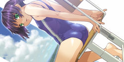 Rule 34 | 1girl, ass, cloud, day, double vertical stripe, green eyes, ino (magloid), one-piece swimsuit, original, purple hair, short hair, sitting, sky, solo, swimsuit