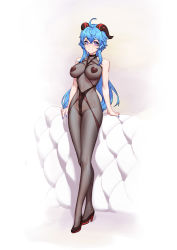 Rule 34 | 1girl, absurdres, ahoge, bare arms, bare shoulders, between breasts, black footwear, blue hair, blue nails, bodystocking, breastless clothes, breasts, cameltoe, closed mouth, collarbone, commentary request, covered erect nipples, covered navel, full body, ganyu (genshin impact), genshin impact, gradient background, heart, heart-shaped pupils, heart pasties, high heels, highres, horns, large breasts, long hair, looking at viewer, nail polish, ouer moyu, pasties, purple eyes, sidelocks, smile, solo, standing, symbol-shaped pupils, very long hair