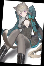 Rule 34 | 1girl, aqua bow, arm support, black footwear, black leotard, black pantyhose, boots, bow, breasts, cat girl, cat tail, cleavage, commentary, dress, expressionless, facial mark, facial tattoo, genshin impact, grey hair, grey pantyhose, highres, knees up, leotard, looking at viewer, lynette (genshin impact), okoge (koge chan), pantyhose, purple eyes, sidelocks, sitting, solo, star (symbol), star facial mark, star tattoo, tail, tattoo