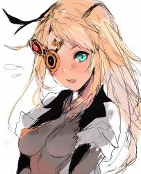 Rule 34 | 1girl, aqua eyes, bad id, bad twitter id, blonde hair, blush, breasts, covered erect nipples, eyepatch, little noah, long hair, looking at viewer, noah (little noah), simple background, small breasts, solo, unkq, white background