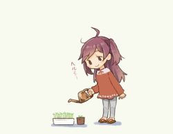 Rule 34 | 1girl, ahoge, alternate costume, dress, full body, hagikaze (kancolle), kantai collection, leaning forward, leggings, long hair, messy hair, one side up, plant, purple hair, red dress, saiguchi otoufu, simple background, smile, solo, watering can, white background