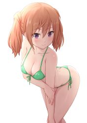 Rule 34 | 1girl, absurdres, alice gear aegis, ass, bikini, breasts, brown hair, butt crack, cleavage, front-tie bikini top, front-tie top, green bikini, highres, hutokumi, kimikage yui, leaning forward, looking at viewer, medium breasts, medium hair, purple eyes, side-tie bikini bottom, simple background, sky, smile, solo, swimsuit, twintails, white background