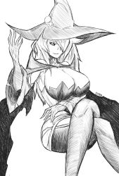 Rule 34 | 1girl, absurdres, arc system works, black sclera, blazblue, breasts, cleavage, colored sclera, hair over one eye, hat, highres, konoe a. mercury, large breasts, long hair, mature female, witch hat