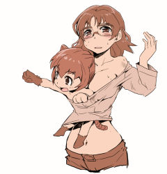 Rule 34 | 2girls, animal ears, blush, breasts, brown eyes, brown hair, glasses, kubocha, large breasts, multiple girls, open mouth, original, short hair, simple background, tail, white background