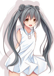 Rule 34 | 1girl, arms behind back, black hair, blush, creek (moon-sky), dress, fang, highres, long hair, open mouth, original, simple background, smile, solo, twintails, white background, white dress, youjo (creek (moon-sky))