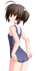 Rule 34 | 00s, 1girl, adjusting clothes, adjusting swimsuit, ahoge, flat chest, hair ornament, hisane, one-piece swimsuit, open mouth, school swimsuit, simple background, solo, swimsuit, to heart (series), to heart 2, white background, yuzuhara konomi