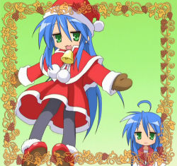 Rule 34 | 00s, 1girl, ahoge, bell, black pantyhose, blue hair, boots, christmas, gloves, green eyes, hat, izumi konata, long hair, lucky star, mole, mole under eye, open mouth, pantyhose, ryouou school uniform, santa boots, santa costume, santa hat, school uniform, serafuku, solo, stitched, third-party edit, very long hair