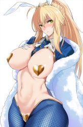 Rule 34 | 1girl, ahoge, animal ears, artoria pendragon (all), artoria pendragon (fate), artoria pendragon (swimsuit ruler) (fate), blonde hair, blue jacket, blue legwear, blue necktie, blush, braid, breasts, cropped jacket, fate/grand order, fate (series), feather boa, fishnet legwear, fishnets, french braid, gloves, green eyes, hair between eyes, hand on own chest, heart maebari, heart pasties, highres, jacket, kawabata yoshihiro, large breasts, long hair, long sleeves, looking at viewer, maebari, meme attire, navel, necktie, open mouth, pasties, ponytail, rabbit ears, revealing clothes, reverse bunnysuit, reverse outfit, shrug (clothing), sidelocks, simple background, solo, swept bangs, white background, white gloves, wing collar