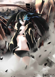 Rule 34 | 10s, 1girl, barcode, barcode tattoo, black bra, black hair, black rock shooter, black rock shooter (character), black rock shooter (game), black shorts, black sweater, blue eyes, bra, cardigan, cloud, cloudy sky, collarbone, flaming eyes, flat chest, hair between eyes, highres, long hair, looking at viewer, mrnn, navel, open cardigan, open clothes, outdoors, short shorts, shorts, sky, solo, star (symbol), sweater, tattoo, twintails, underwear, uneven twintails