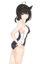 Rule 34 | 1girl, ahoge, ass, bare shoulders, black hair, blush, breasts, clothes writing, commentary request, competition swimsuit, covered erect nipples, cowboy shot, driftkingtw, from side, hair between eyes, hair flaps, hairband, hand on own hip, hatsuzuki (kancolle), headband, highleg, highleg swimsuit, kantai collection, large breasts, looking at viewer, md5 mismatch, one-piece swimsuit, parted lips, resolution mismatch, short hair, sideboob, simple background, smile, solo, source larger, standing, swimsuit, white background, yellow eyes