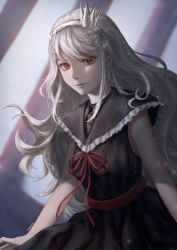 Rule 34 | 1girl, albelda, arms at sides, bare arms, belt, black dress, breasts, crown, dress, frilled shirt collar, frills, hair between eyes, hairband, highres, long hair, looking at viewer, medium breasts, red eyes, red ribbon, ribbon, sidelocks, solo, tower of god, upper body, wavy hair, white hair, zieru