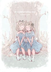 Rule 34 | 2girls, against tree, animal ear fluff, animal ears, back bow, black bow, blue dress, blunt bangs, bow, cat ears, choker, closed eyes, commentary, dress, english commentary, english text, full body, hair bow, hair ornament, hairclip, jewelry, long hair, multiple girls, no shoes, off-shoulder dress, off shoulder, on ground, open mouth, original, outdoors, pendant, puffy short sleeves, puffy sleeves, rabbit, satyuas, short hair, short sleeves, sitting, socks, tree, white bow, white legwear