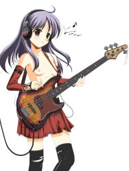 Rule 34 | 1girl, bass guitar, breasts, detached sleeves, elbow gloves, flat chest, gloves, headphones, highres, instrument, kazumasa, long hair, musical note, nipples, original, purple hair, quaver, red eyes, skirt, small breasts, solo, thighhighs, topless, zettai ryouiki