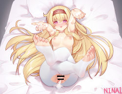Rule 34 | 1girl, arms up, bare arms, bare legs, bare shoulders, barefoot, bed, blonde hair, breasts, censored, feet, hair ornament, hairclip, highres, legs up, little witch nobeta, long hair, looking at viewer, ninai, nipples, no shoes, nobeta, nude, open mouth, pantyhose, purple eyes, pussy, small breasts, soles, toeless legwear, toes, torn clothes