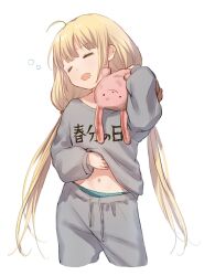 Rule 34 | 1girl, ahoge, bad id, bad twitter id, blonde hair, closed eyes, clothes writing, contrapposto, cropped legs, futaba anzu, highres, holding, holding stuffed toy, idolmaster, idolmaster cinderella girls, long hair, low twintails, navel, open mouth, pajamas, senbei no kakera, simple background, solo, stuffed animal, stuffed rabbit, stuffed toy, twintails, very long hair, wavy mouth, white background, yawning