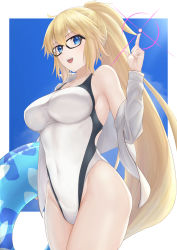 Rule 34 | 1girl, absurdres, black-framed eyewear, blonde hair, blue eyes, blue sky, border, breasts, commentary request, competition swimsuit, covered navel, cowboy shot, fate/grand order, fate (series), glasses, highleg, highleg swimsuit, highres, index finger raised, jacket, jeanne d&#039;arc (fate), jeanne d&#039;arc (ruler) (fate), jeanne d&#039;arc (swimsuit archer) (fate), jeanne d&#039;arc (swimsuit archer) (second ascension) (fate), lens flare, long hair, medium breasts, okuma707, one-piece swimsuit, open clothes, open jacket, ponytail, sky, smile, solo, standing, swimsuit, whistle, whistle around neck, white border, white jacket, white one-piece swimsuit