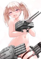 Rule 34 | 1girl, brown eyes, convenient censoring, fang, flat chest, kantai collection, kirigakure (kirigakure tantei jimusho), light brown hair, long hair, machinery, navel, nude, ryuujou (kancolle), simple background, smile, solo, torpedo launcher, white background