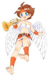 Rule 34 | 1girl, ankle wrap, bandeau, barefoot, blue eyes, blush, breasts, brown hair, data east, feathered wings, feet, female focus, freckles, full body, highres, judgement (magical drop), magical drop, open mouth, oyatsu (mk2), short hair, simple background, small breasts, soles, solo, strapless, toes, tube top, white background, white wings, wings, wrist wrap
