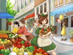 Rule 34 | 5girls, animal ears, apple, apron, balloon, bell pepper, black hair, blue dress, braid, braided ponytail, brown eyes, brown hair, carrot, commentary request, day, dress, food, fruit, green dress, hair bun, hand on own face, high collar, highres, ivy, leaf, leaf on head, looking to the side, market, multiple girls, original, outdoors, pepper, plant, potted plant, profile, raccoon ears, raccoon tail, red dress, sako (35s 00), shopping basket, sign, single braid, single hair bun, smile, storefront, tail, tomato, tree, vegetable, waist apron, yellow dress