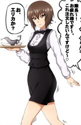 Rule 34 | 1girl, alternate costume, black bow, black bowtie, black skirt, black vest, bow, bowtie, brown eyes, brown hair, dress shirt, girls und panzer, gravy boat, heart, highres, holding, holding tray, long sleeves, looking at viewer, miniskirt, motion lines, nishizumi maho, omachi (slabco), parted lips, pencil skirt, shirt, short hair, skirt, solo, standing, translation request, tray, vest, waitress, walking, white shirt, wing collar