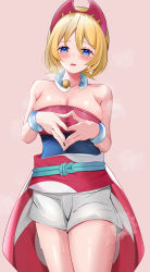 Rule 34 | 1girl, absurdres, bangle, bare shoulders, blonde hair, blue eyes, blush, bracelet, breasts, cleavage, creatures (company), dress, game freak, hair between eyes, hair ornament, hairclip, highres, impossible clothes, irida (pokemon), jewelry, large breasts, medium breasts, neck ring, necklace, newon, nintendo, open mouth, pink background, pokemon, pokemon legends: arceus, sash, shiny skin, short hair, short shorts, shorts, simple background, solo, steam, sweat, sweaty clothes, thighs, white shorts