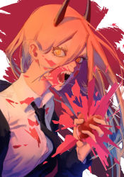 Rule 34 | + +, 1girl, absurdres, angry, blood, blood on clothes, blood on face, blood splatter, breasts, chainsaw man, collared shirt, cross-shaped pupils, demon girl, demon horns, formal, furious, grabbing, heart, hemokinesis, highres, horns, long hair, looking at viewer, medium breasts, necktie, open mouth, pink hair, power (chainsaw man), screaming, sharp teeth, shirt, shouting, solo, symbol-shaped pupils, teeth, white background, white shirt