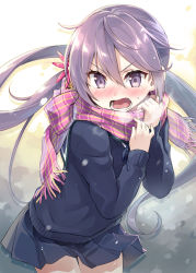 Rule 34 | &gt;:o, 10s, 1girl, :o, akebono (kancolle), bell, blush, eretto, flower, hair bell, hair flower, hair ornament, jingle bell, kantai collection, long hair, looking at viewer, nose blush, purple eyes, purple hair, scarf, side ponytail, skirt, solo, sweater, v-shaped eyebrows, very long hair