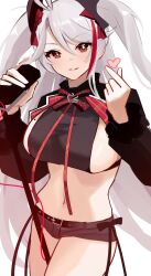 Rule 34 | 1girl, absurdres, azur lane, black shirt, breasts, brown shorts, commentary request, cowboy shot, finger heart, grey hair, highres, holding, holding microphone, large breasts, looking at viewer, micro shorts, microphone, mole, mole on breast, multicolored hair, official alternate costume, prinz eugen (azur lane), prinz eugen (muse) (azur lane), red eyes, red hair, shirt, shorts, sideboob cutout, simple background, smile, solo, streaked hair, two side up, white background, yamaha tsui