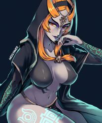 Rule 34 | 1girl, artist name, black cape, black skin, breasts, cape, circlet, colored sclera, colored skin, commentary, dark background, english commentary, eyeshadow, forehead jewel, head rest, highres, hood, hood up, hooded cape, large breasts, long hair, looking at viewer, makeup, midna, midna (true), miss faves, multicolored skin, navel, nintendo, orange hair, purple eyeshadow, purple lips, red eyes, sitting, solo, spoilers, the legend of zelda, the legend of zelda: twilight princess, two-tone skin, yellow sclera