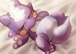 Rule 34 | bed sheet, blue eyes, commentary request, creatures (company), from above, game freak, gen 8 pokemon, highres, looking at viewer, lying, nintendo, no humans, on back, pokemon, pokemon (creature), solo, toes, tongue, tongue out, toxel, yuro (mangasukinoyuro)