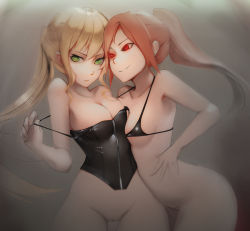 Rule 34 | 2girls, bare arms, bare shoulders, blonde hair, breasts, cleavage, code vein, collarbone, commentary, gray bear, green eyes, hair between eyes, heart, heart-shaped pupils, heart in eye, long hair, medium breasts, mia karnstein, multiple girls, ponytail, pussy, red eyes, red hair, rin murasame, smile, symbol-shaped pupils, symbol in eye