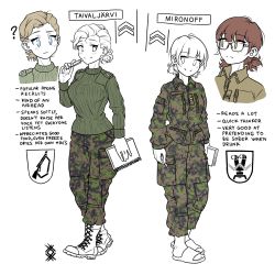 Rule 34 | 2girls, blonde hair, blue eyes, book, boots, brown eyes, brown hair, camouflage, camouflage jacket, camouflage pants, character name, cross-laced footwear, english text, full body, highres, holding, jacket, lace-up boots, long sleeves, military, military rank insignia, military uniform, multiple girls, multiple views, notebook, original, ostwindprojekt, pants, partially colored, pen, sandals, short hair, simple background, smile, sweater, uniform, white background
