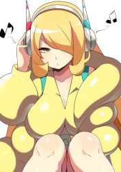 Rule 34 | 1girl, blonde hair, breasts, cleavage, collarbone, commentary, cosplay, creatures (company), cynthia (pokemon), elesa (pokemon), elesa (pokemon) (cosplay), eyelashes, game freak, green nails, grey eyes, hair over one eye, headphones, jacket, knees, listening to music, long hair, mituyota 76, musical note, nail polish, nintendo, pokemon, pokemon bw2, pokemon dppt, puffer coat, shiny skin, solo, yellow jacket