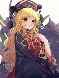Rule 34 | 1girl, black dress, blonde hair, breasts, chinese clothes, crescent, dress, flower, hand on own chest, highres, junko (touhou), long hair, medium breasts, moshihimechan, phoenix crown, pom pom (clothes), red eyes, red tabard, ribbon, tabard, tassel, touhou, wide sleeves, yellow ribbon